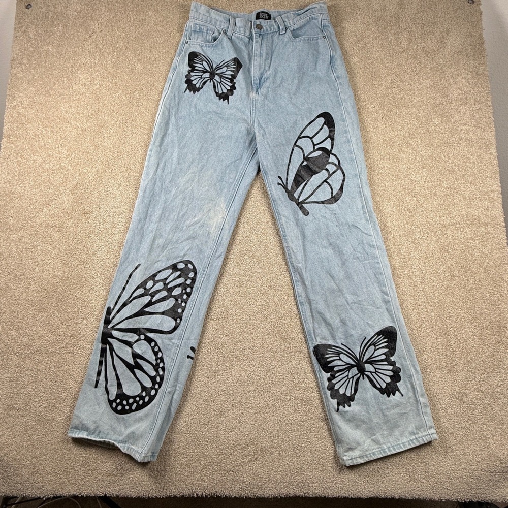 Simple Society Butterfly Print Light Wash High Rise Straight Leg Jeans Y2K